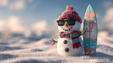 A cheerful snowman wearing sunglasses and a colorful scarf stands on a snowy beach with a surfboard, enjoying a winter vacation