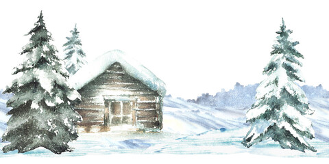 Winter cabin with snowy pine tree Landscape seamless border. Rustic wooden house, winter chalet a snow covered roof Watercolor painting pattern illustration isolated from background for Xmas, New Year