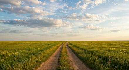 Obraz premium A wide, dirt road meanders through a vast, grassy field under a light, partly cloudy sky, creating a serene and peaceful landscape.
