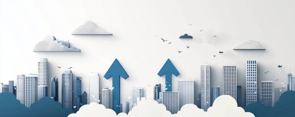 City skyline with upward arrows and scattered clouds on white background