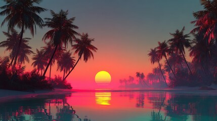 Vibrant sunset over a tropical lagoon with palm trees silhouetted against the colorful sky, creating a serene and picturesque scene