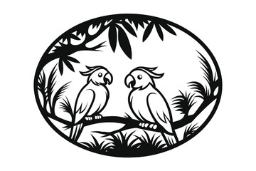 Two cockatoos perched on a branch, within an oval frame, illustration, white background