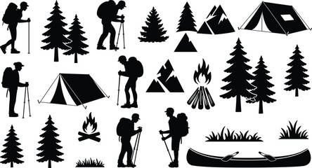 Camping and hiking silhouettes, mountain adventure, tent, trees, campfire, canoe, hikers, nature, outdoor exploration, wilderness