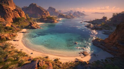 Aerial view of a secluded tropical beach with turquoise water and golden sand surrounded by lush green hills and rocky cliffs