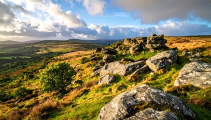 Fototapeta premium Panoramic vista of a sun-drenched hillside, showcasing a field of large, gray rocks nestled in a vibrant landscape of golden grasses and lush greenery.