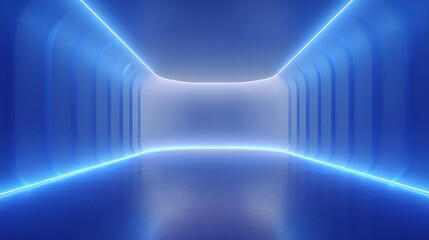 Futuristic blue neon lit corridor creating a modern and technological atmosphere in an abstract and empty space