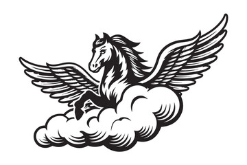 Winged Horse Pegasus Silhouette Flying on Clouds with White Background