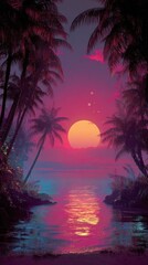 A breathtaking sunset over a tranquil tropical lagoon, palm trees silhouetted against the vibrant colors of the sky at dusk