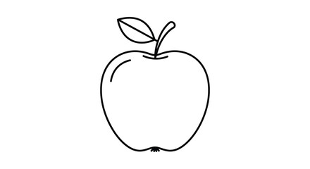 Simple black and white line drawing of a single apple with a leaf