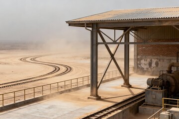 Industrial Scene: Dusty Desert Landscape with Railway Tracks and Metal Structure, Environmental Issues.