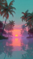 A serene tropical sunset reflecting on a calm lagoon, framed by palm trees in a dreamy, pastelcolored paradise