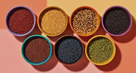 Vibrant assortment of colorful small beads arranged in oval bowls on a textured background