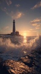 A majestic lighthouse stands tall against a golden sunset, waves crashing on the rocky shore in a dramatic coastal scene
