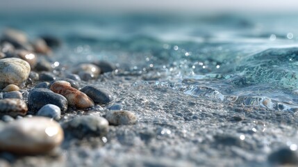 Gentle waves lap against the pebble beach, creating a serene and calming scene with the soft sound of the ocean