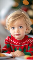Fototapeta premium Toddler in a Bright Ugly Sweater Explores Holiday Treats Under a Table With Family Members Celebrating Nearby