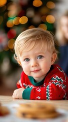 Toddler in Bright Ugly Sweater Exploring Holiday Treats Under a Table With Family Around