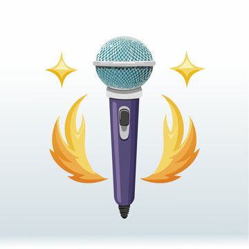A purple microphone with a teal head surrounded by sparkles and flames