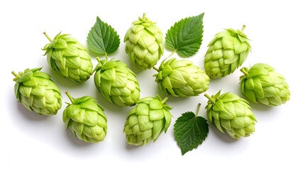 Fototapeta premium Fresh green hop cones arranged on white background