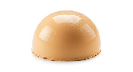 Fototapeta premium A glossy, caramel-colored sphere of dessert, perfectly formed and presented against a plain white background.