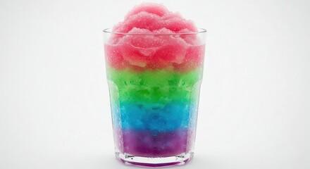 A vibrant, layered frozen drink in a glass, showcasing a spectrum of rainbow colors against a plain background.