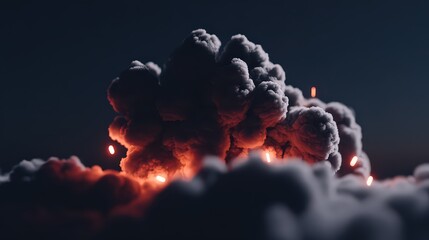 A dramatic explosion clouds the scene, with fiery hues illuminating the dark sky, This imagery can be used for themes of destruction, technology, or dramatic events in film and media,