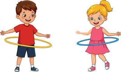 Smiling cartoon boy and girl playing with colorful hula hoops, happy children enjoying outdoor fun activity, fitness exercise vector illustration