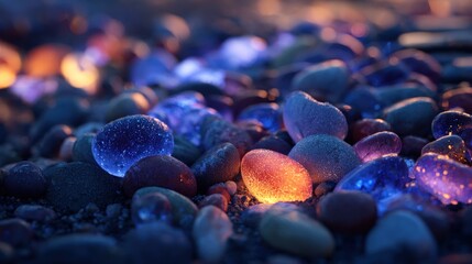 Closeup of colorful glowing stones on a beach at dusk, creating a magical and enchanting atmosphere with soft light
