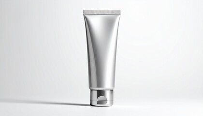 Blank Silver Metallic Cosmetic Tube for Cream or Lotion Mockup on a Clean White Background with Shadow.