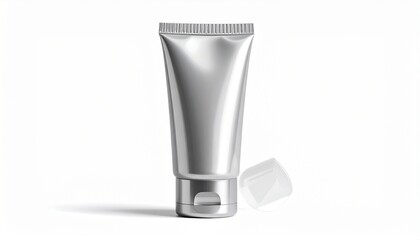 Blank silver metallic cosmetic cream tube mockup with open cap isolated on a clean white background.