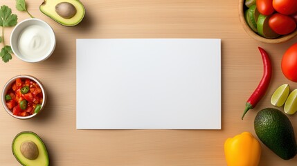 Blank White Flyer on a Wooden Table With Festive Cinco De Mayo Food Including Tacos, Avocados, and Papel Picado Decorations