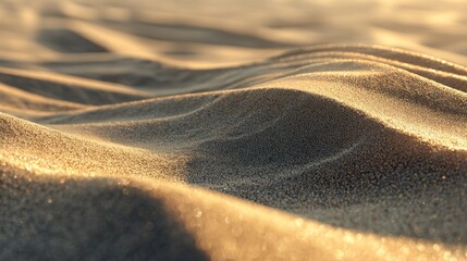 Golden sand dunes shimmer in the sunlight, creating a mesmerizing desert landscape with flowing lines and warm, inviting texture