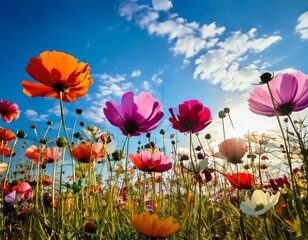 Creative concept of white daisy flowers arranged as a fluffy cloud with falling raindrops on a vibrant blue background, symbolizing spring freshness and nature&rsquo;s beauty.