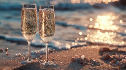 Two glasses of sparkling champagne stand on a sandy beach, reflecting the golden sunset and creating a romantic atmosphere