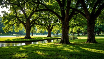 Fototapeta premium Lush parkland by a water feature