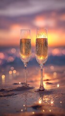 Two champagne glasses stand on a sandy beach at sunset, creating a romantic and celebratory atmosphere by the sea