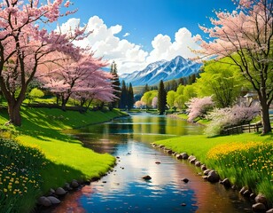 Creative concept of white daisy flowers arranged as a fluffy cloud with falling raindrops on a vibrant blue background, symbolizing spring freshness and nature&rsquo;s beauty.
