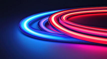 Vibrant swirling neon light trails in blue and red create an energetic atmosphere, ideal for promotional materials, tech presentations, or digital art projects, The image conveys motion and modernity