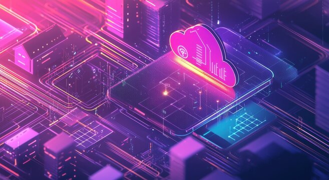 Isometric illustration of futuristic cloud computing technology