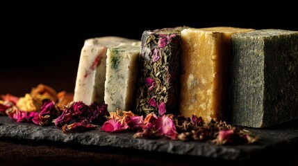 Assortment of handcrafted soap bars on a slate board, showcasing natural ingredients and artisanal craftsmanship in detail