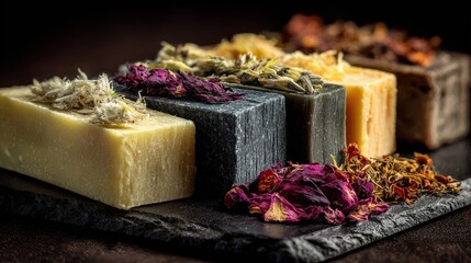 Selection of artisanal soap bars on a dark slate, highlighting the natural textures and handcrafted details of each unique piece