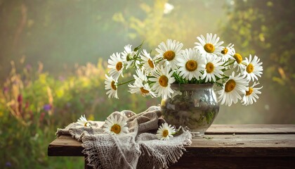 A bouquet of daisies in a vase on a rustic wooden table, bathed in sunlight