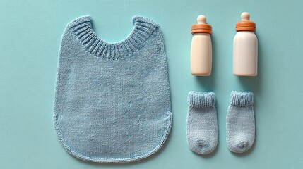Overhead shot of baby bib, two bottles and socks on blue background, essential items for a newborn baby, flat lay