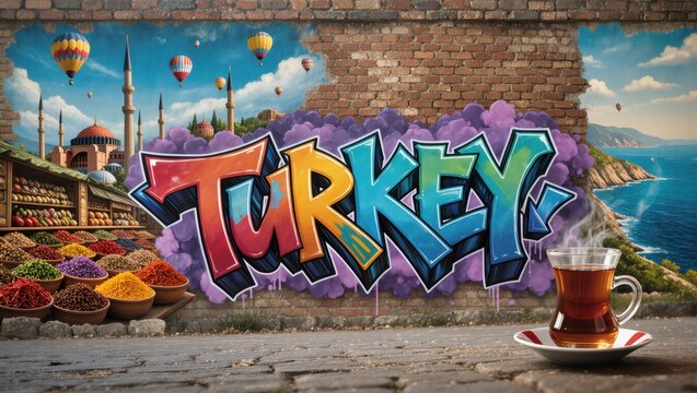 Vibrant street art mural of Turkey featuring bold graffiti text, hot air balloons, spices, seaside cliffs, and the steaming tea glass within bright daylight urban setting
