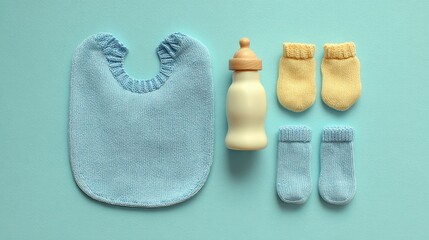 Overhead shot of baby bib, bottle and two pairs of socks on blue background, essential items for a newborn baby