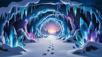 Crystal cave with glowing ice formations and snowy path ice cave glowing crystals