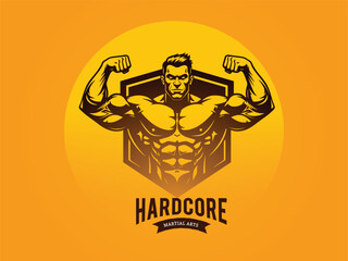Muscular man posing with hardcore logo on orange background