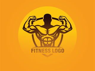 Muscular man posing with hardcore logo on orange background
