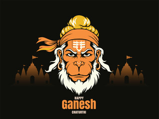 Lord Hanuman's face, dominating the center of the frame, with a fierce yet stoic expression, his deep-set, intense eyes looking directly forward, framed 