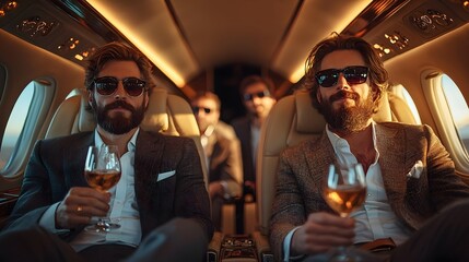 Wealthy businessmen enjoying drinks inside a luxurious private jet cabin during a flight