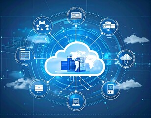 Digital illustration of a central cloud computing system with a globe and servers, surrounded by diverse interconnected technology icons representing global data networks.